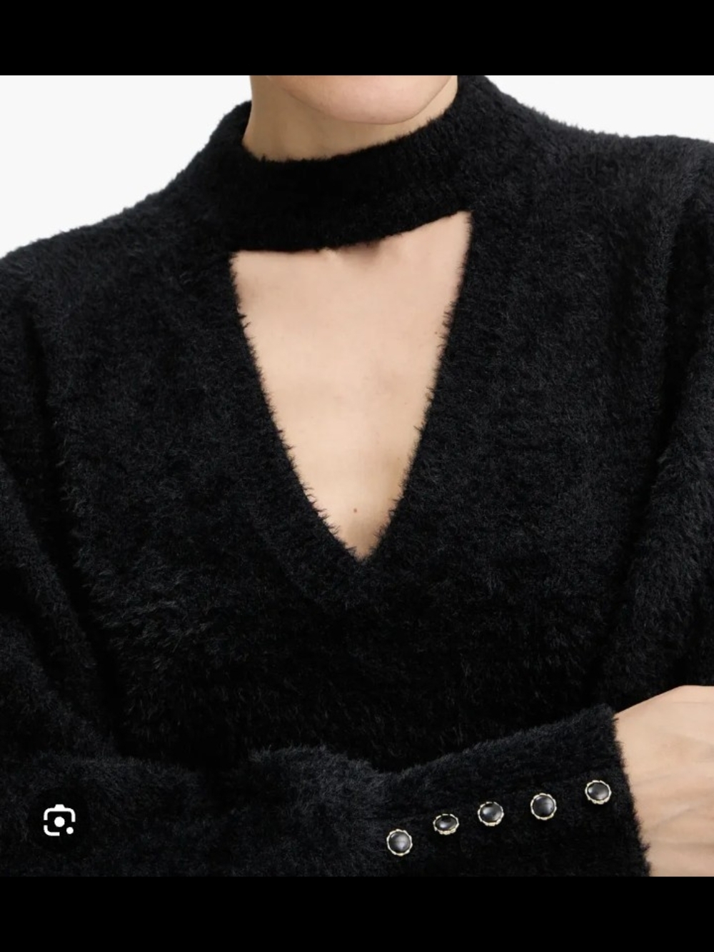 Guess Size XL Black Teddy Choker V-Neck Sweater with Button Cuffs